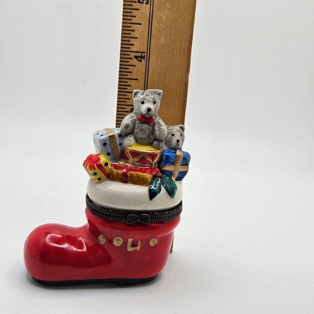 VTG Christmas Stocking Trinket Box Teddy Bears Gifts Hinged Ceramic Mini Present